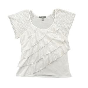 Ny Collection White Lace Ruffle Short Sleeve Shirt Womens Size PM